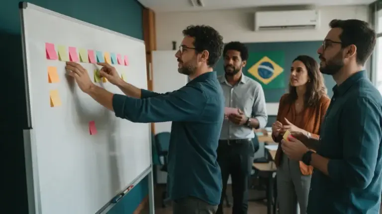 Equipe mapeia processos com notas adesivas em um quadro branco durante uma oficina
