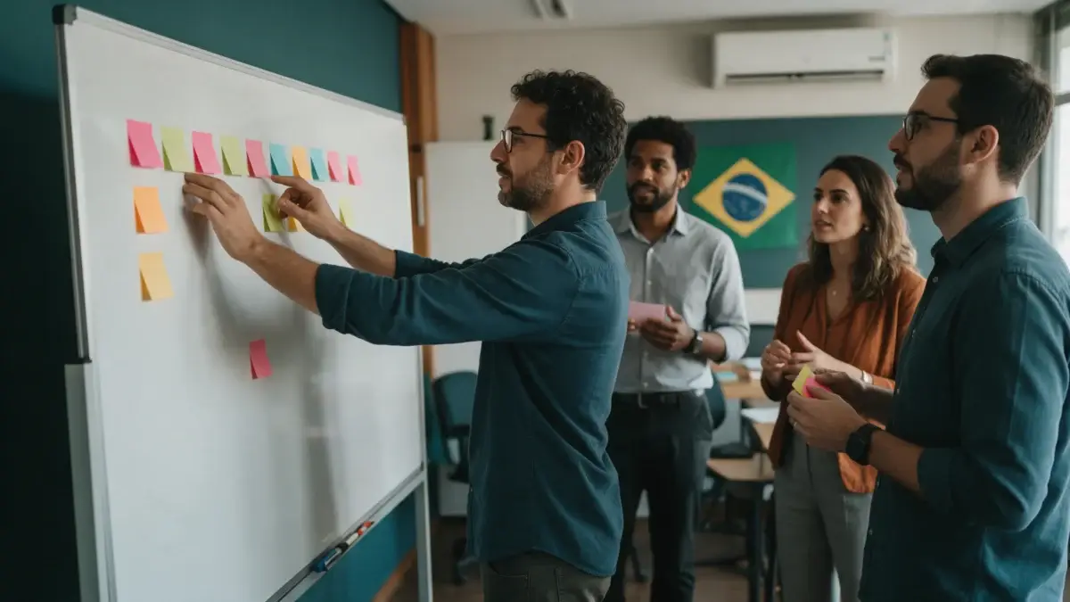 Equipe mapeia processos com notas adesivas em um quadro branco durante uma oficina