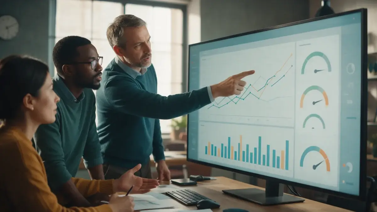 Gestor aponta para um painel de indicadores com gráficos em um monitor durante uma reunião