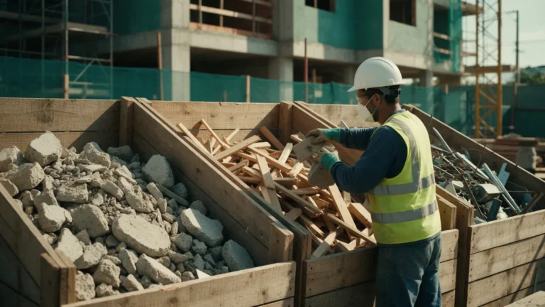 Baias de segregação de resíduos com entulho, madeira e metal em um canteiro de obras