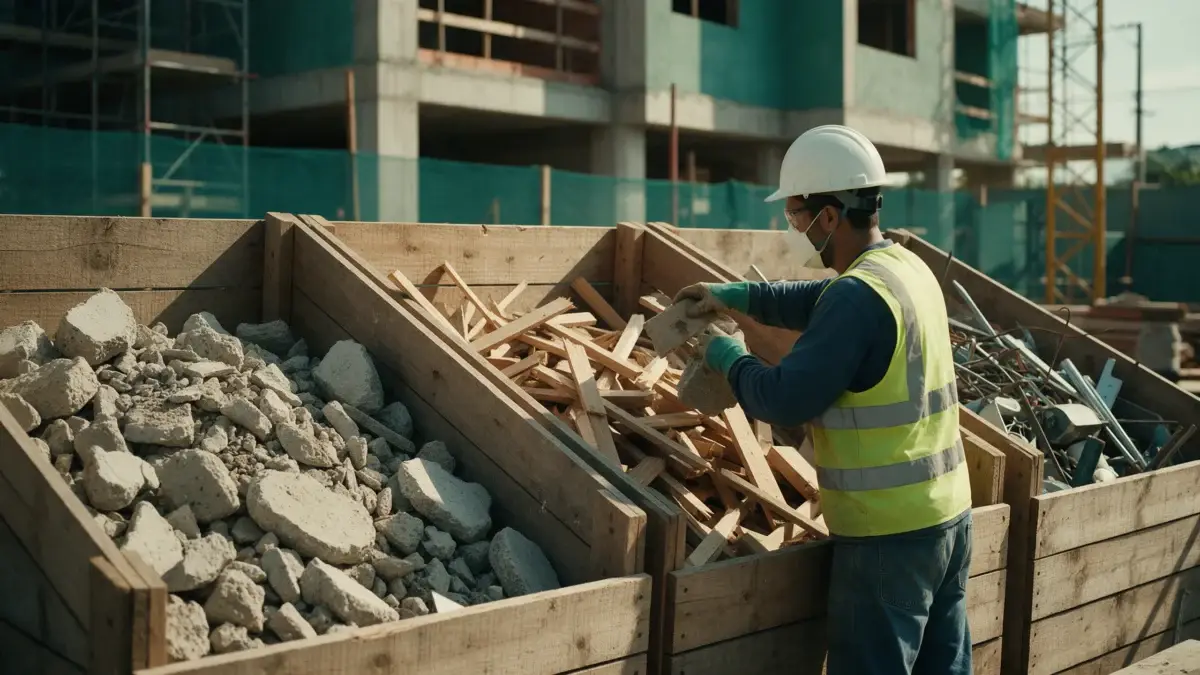 Baias de segregação de resíduos com entulho, madeira e metal em um canteiro de obras