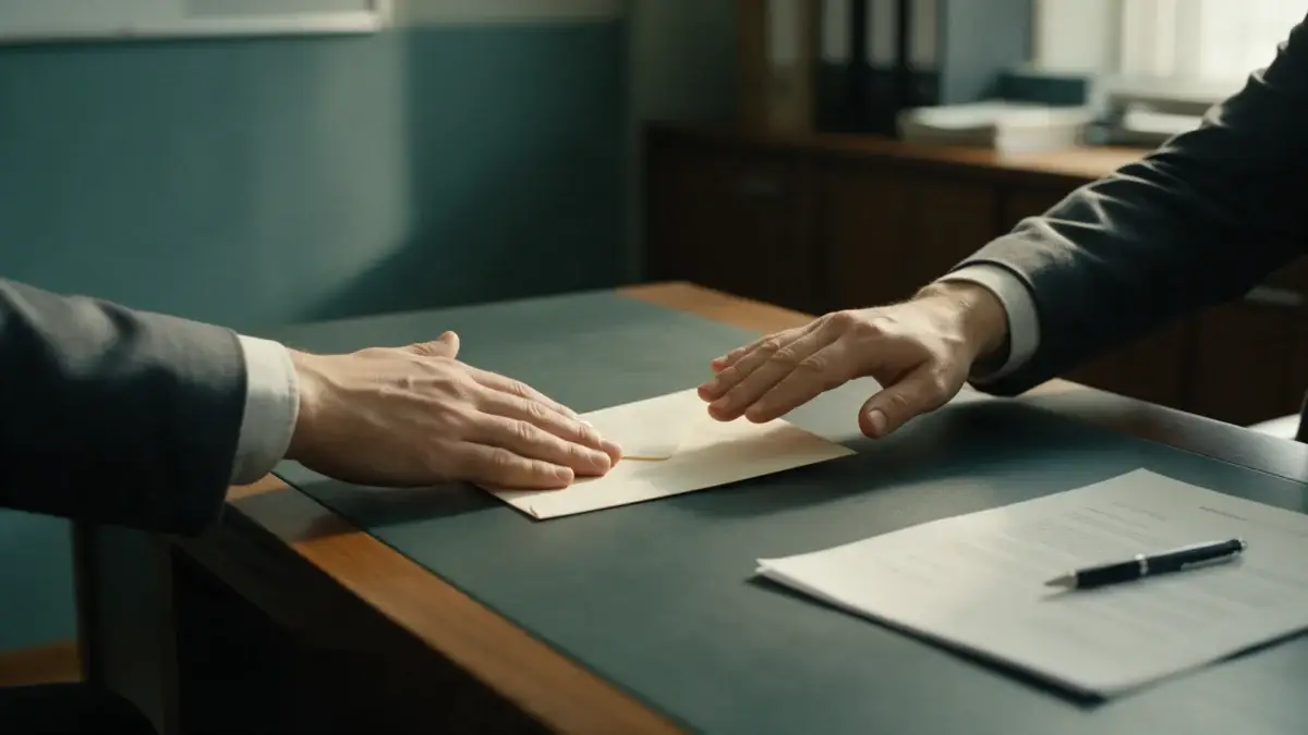 Mão recusa um envelope oferecido sobre a mesa, ao lado de um contrato
