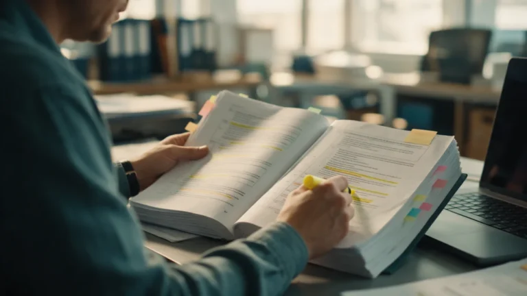 Gestor da qualidade destaca trechos de uma norma técnica com marca-texto