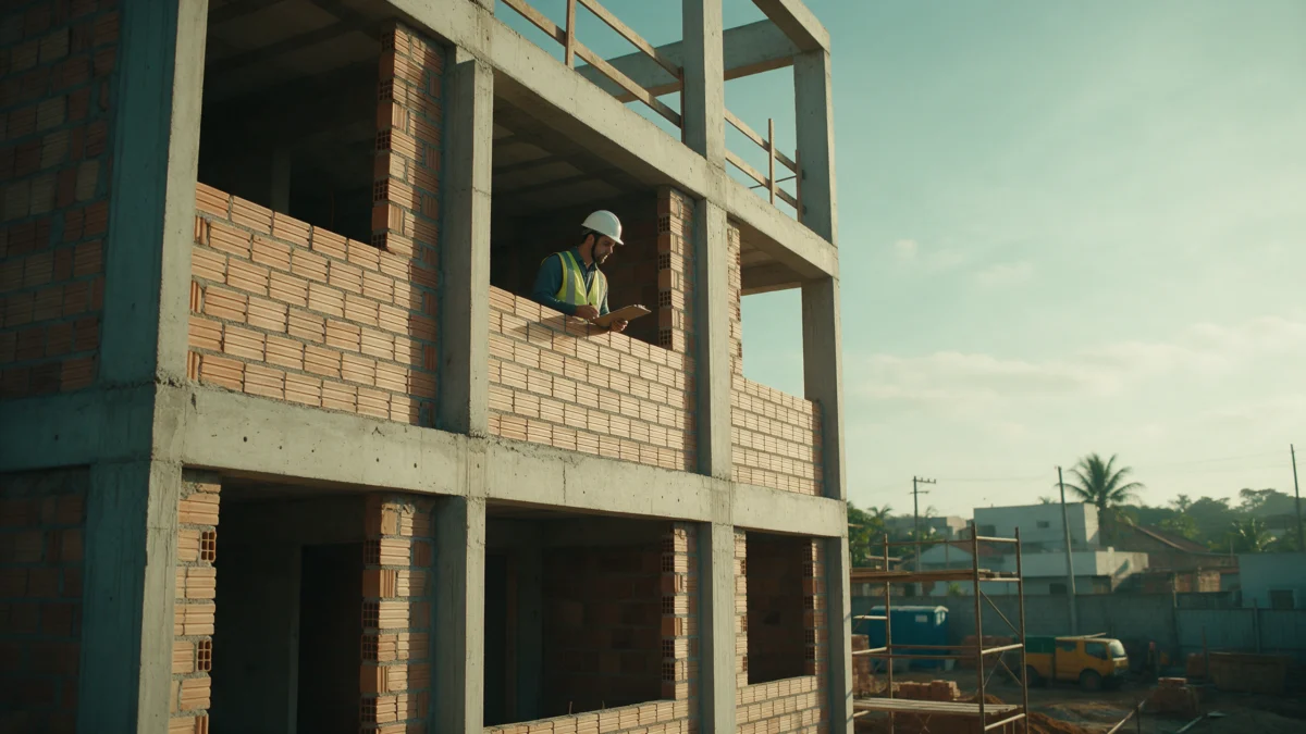 Engenheiro civil inspeciona a alvenaria de um prédio residencial em construção